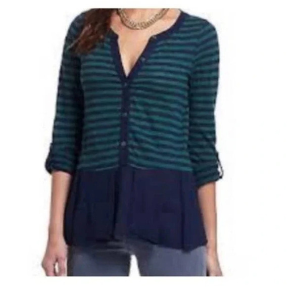 Anthropologie Postmark Pleated Ruffle Swing Roll Tab Tunic Top Blue Green Size M - Picture 1 of 8